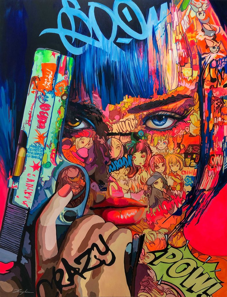 CheckMate pop art painting by Viacheslav Zaykin featuring a contemporary female portrait with a chess-inspired concept