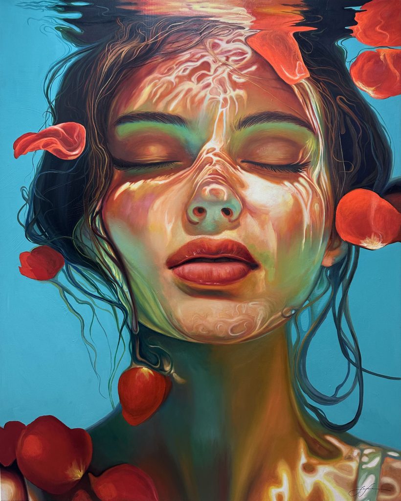 Contemporary portrait of a woman floating beneath water with flower petals and luminous reflections, painting by Viacheslav Zaykin