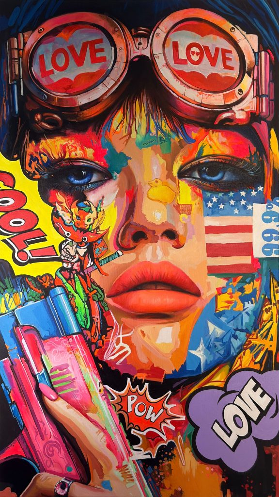 Contemporary pop-art portrait of a young woman with blue eyes, dark hair, a LEGO toy pistol, collage elements, yellow ducks, and Eastern-inspired graphic motifs against a vibrant yellow background.