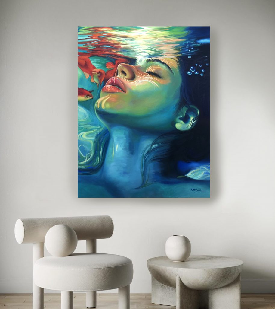 Underwater portrait of a woman with koi fish, contemporary surreal painting by Viacheslav Zaykin